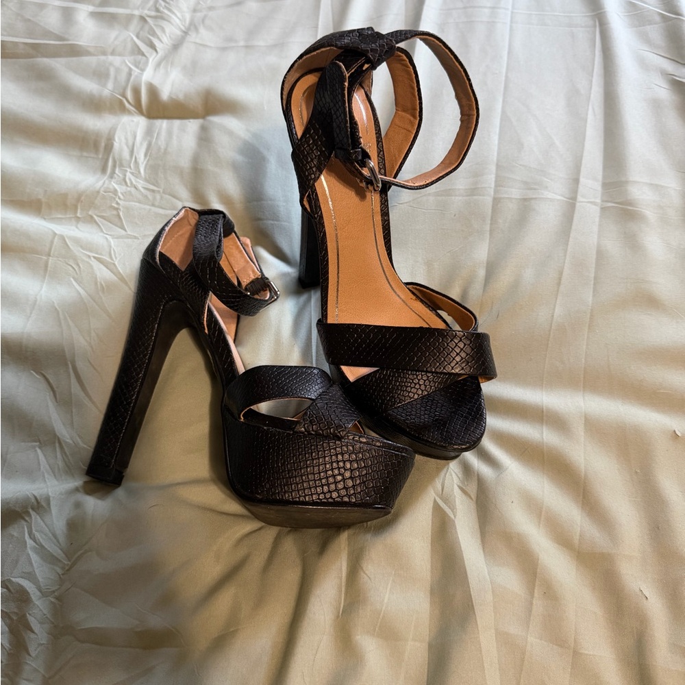 Black High Block Heel Platform Sandals with Ankle Strap